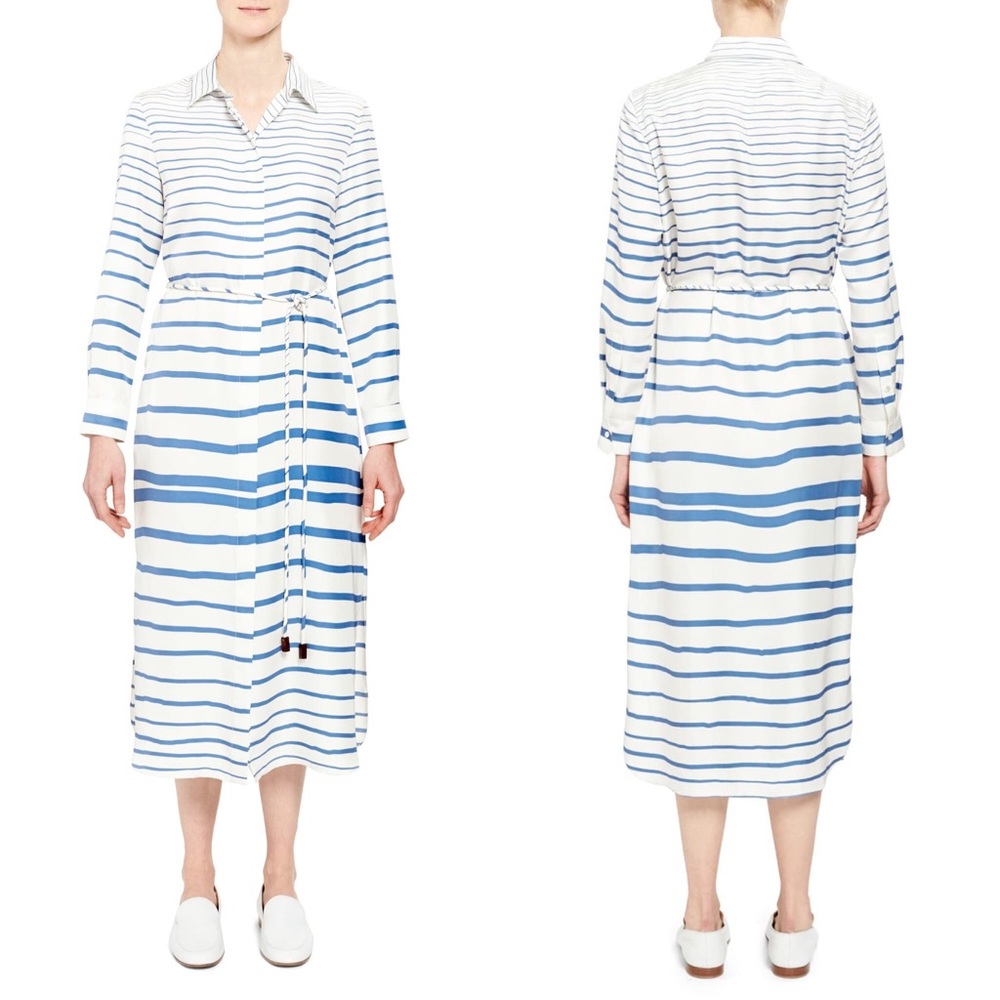Theory Graduated Stripe Belted Silk Shirtdress